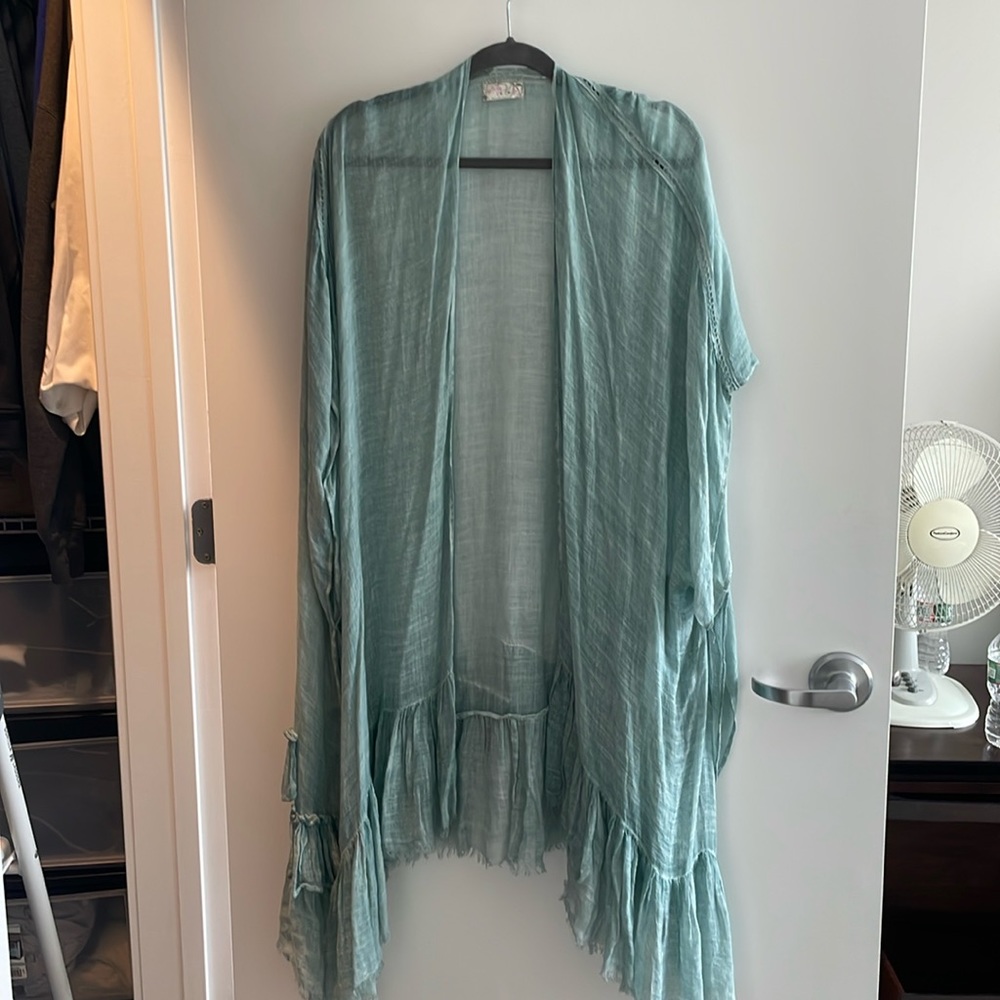 FP Sea Foam Green Sheer Draped, Ruffled Shrug